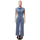 Tight waist slim fit elastic wash denim jumpsuit straight tube loose jumpsuit
