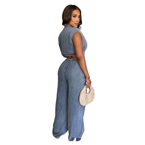 Tight waist slim fit elastic wash denim jumpsuit straight tube loose jumpsuit