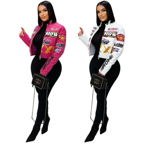 Fashionable PU Leather Print Moto Jacket for Women