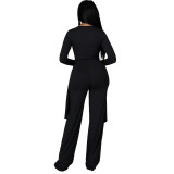 Casual long sleeved V-neck groove strip irregular two-piece set