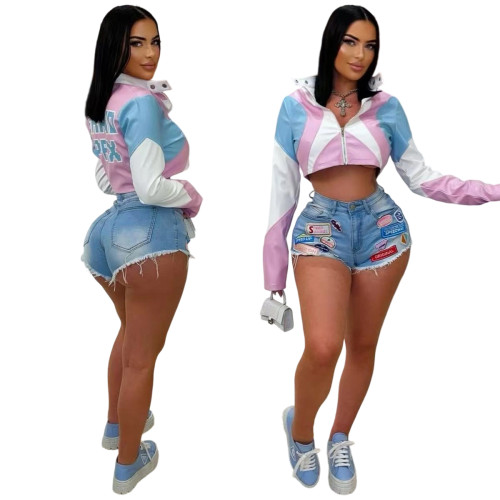 Spicy Girl Racing Motorcycle PU Leather Printed Fashion Single Piece Jacket