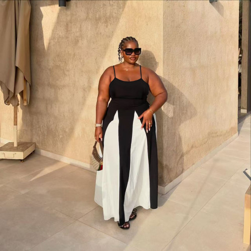 Large pleated skirt for women, color blocked suspender, fashionable loose floor length dress