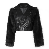 European and American style spliced fur motorcycle jacket women's autumn and winter short imitation leather jacket fashionable street warm top