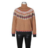 Autumn and winter high neck jacquard sweater, European and American retro contrasting color ethnic style knitted sweater, fashionable loose and warm top