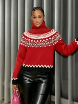 Autumn and winter high neck jacquard sweater, European and American retro contrasting color ethnic style knitted sweater, fashionable loose and warm top Autumn and winter high neck jacquard sweater, European and American retro contrasting color ethnic style knitted sweater, fashionable loose and warm top