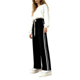 Sanitary pants, spring and autumn heavyweight pure cotton 500g fabric pants, Hong Kong style loose straight leg side striped casual pants