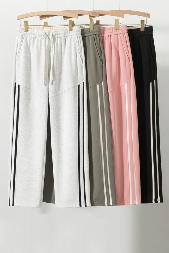 Sanitary pants, spring and autumn heavyweight pure cotton 500g fabric pants, Hong Kong style loose straight leg side striped casual pants