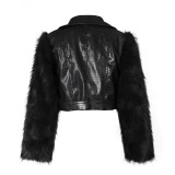 European and American style spliced fur motorcycle jacket women's autumn and winter short imitation leather jacket fashionable street warm top