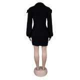 Elegant commuting winter big collar slim fit elastic lantern sleeve woolen dress