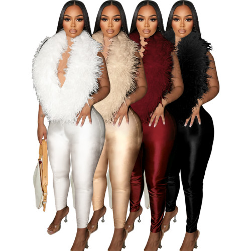 Elegant Feather Deep V-neck Elastic Tintin jumpsuit pants