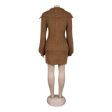 Elegant commuting winter big collar slim fit elastic lantern sleeve woolen dress