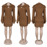 Elegant commuting winter big collar slim fit elastic lantern sleeve woolen dress