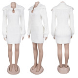 Elegant commuting winter big collar slim fit elastic lantern sleeve woolen dress