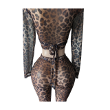 Leopard print mesh high elasticity lace up slit set