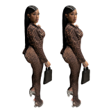 Leopard print mesh high elasticity lace up slit set