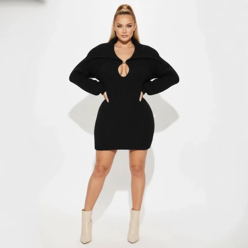 Elegant commuting winter big collar slim fit elastic lantern sleeve woolen dress