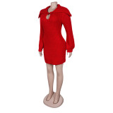 Elegant commuting winter big collar slim fit elastic lantern sleeve woolen dress