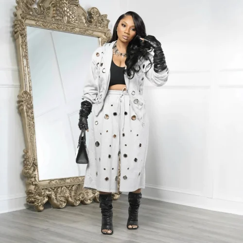 Trendy iron ring women's loose straight leg wide leg pants with holes, fashionable and casual two-piece set