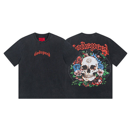 God & Speed Skull Print Washed Short Sleeve T-shirt High Street Rock Style