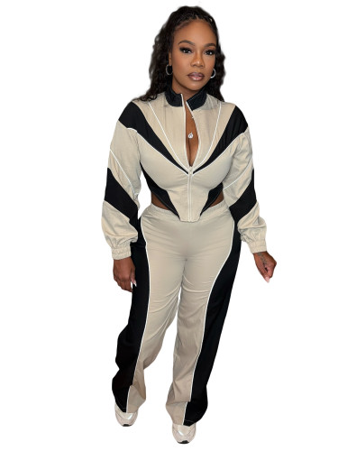 Color-blocked Asymmetrical Zip-Up Top and Straight Leg Pants Set