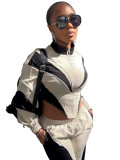 Color-blocked Asymmetrical Zip-Up Top and Straight Leg Pants Set