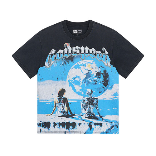 God & Speed Skull Print Washed Short Sleeve T-shirt High Street Rock Style