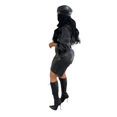 New leather jacket shorts set with hat, long sleeved five quarter pants set