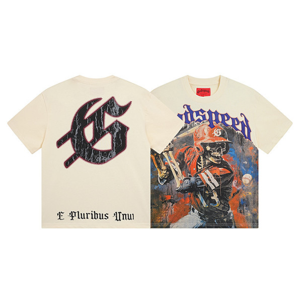 God & Speed Skull Print Washed Short Sleeve T-shirt High Street Rock Style