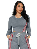 Fashion casual long sleeved top and side striped sports style pants two-piece set