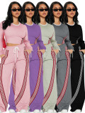Fashion casual long sleeved top and side striped sports style pants two-piece set