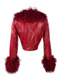 Detachable plush collar buckle cardigan short waist cinched leather jacket top for women