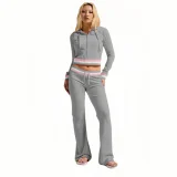 Fashionable Casual Ribbed Colorblocked Silver Fox Fleece Hooded Two-Piece Set