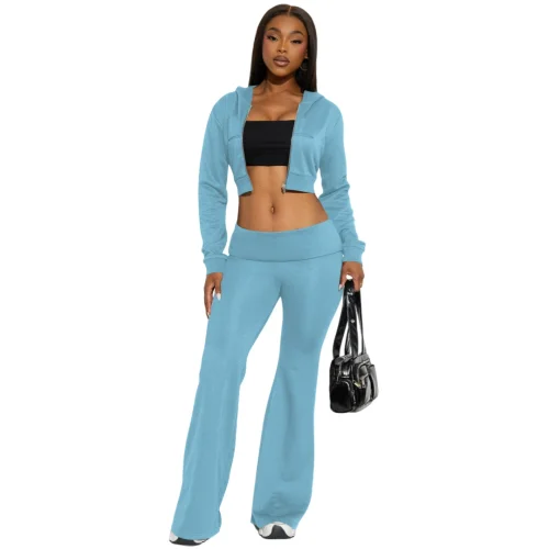 Fashion casual short top hooded cardigan solid color sports two-piece set