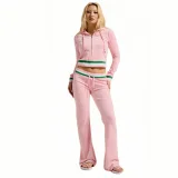 Fashionable Casual Ribbed Colorblocked Silver Fox Fleece Hooded Two-Piece Set