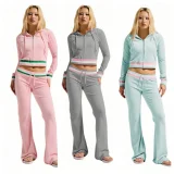 Fashionable Casual Ribbed Colorblocked Silver Fox Fleece Hooded Two-Piece Set