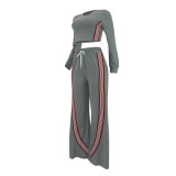 Fashion casual long sleeved top and side striped sports style pants two-piece set