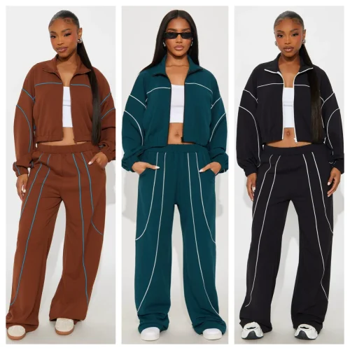 Fashion and casual wide leg line color blocked stand up collar two-piece set