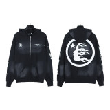 American Retro Hellstar Washed Distressed Loose Hoodie Zipper Sweatshirt