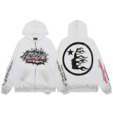 American Retro Hellstar Washed Distressed Loose Hoodie Zipper Sweatshirt