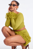 Autumn and Winter Knitted Hand Hook Tassel Long Sleeve Hip Wrapping Skirt Two Piece Set