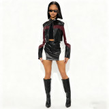 Fashion leather splicing motorcycle short skirt jacket two-piece set