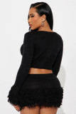 Autumn and Winter Knitted Hand Hook Tassel Long Sleeve Hip Wrapping Skirt Two Piece Set