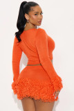Autumn and Winter Knitted Hand Hook Tassel Long Sleeve Hip Wrapping Skirt Two Piece Set