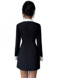 Commuting vibe, temperament, waist cinched long sleeved suit dress