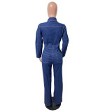 Slim fit elastic bell mouth wash long sleeved denim jumpsuit