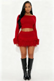 Autumn and Winter Knitted Hand Hook Tassel Long Sleeve Hip Wrapping Skirt Two Piece Set