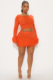 Autumn and Winter Knitted Hand Hook Tassel Long Sleeve Hip Wrapping Skirt Two Piece Set
