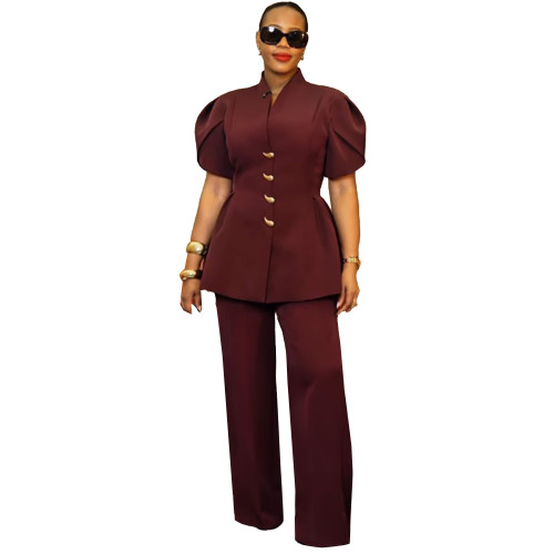 Elegant commuting flower bud sleeve shaped button two-piece set