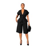 Elegant Commuter Shoulder Sleeve Waist Strap Middle Pants Two Piece Set