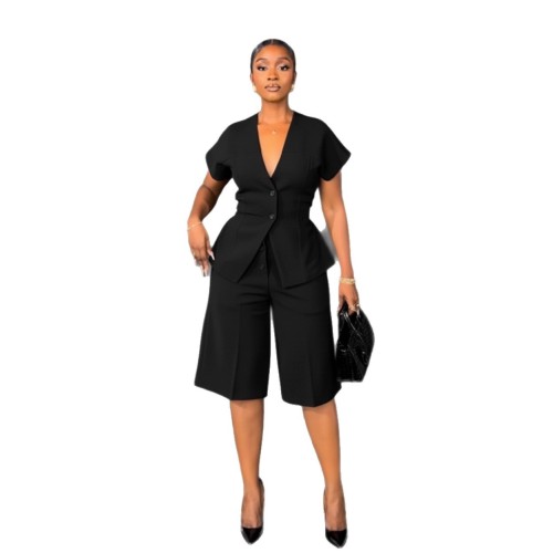 Elegant Commuter Shoulder Sleeve Waist Strap Middle Pants Two Piece Set
